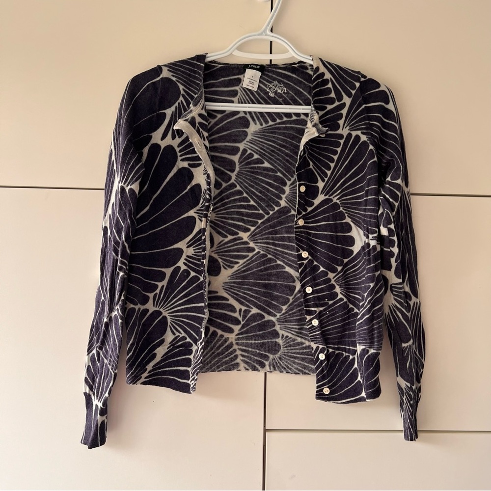 J. Crew Navy and White Floral Patterned Cardigan Sweater